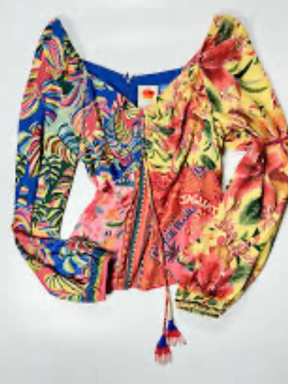 FARM Rio Multicolor Floral Ruched Puff-Sleeve Blouse with Tassel Ties